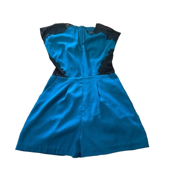 Bebe women's size small blue with black lace v-neck romper - Picture 1 of 4